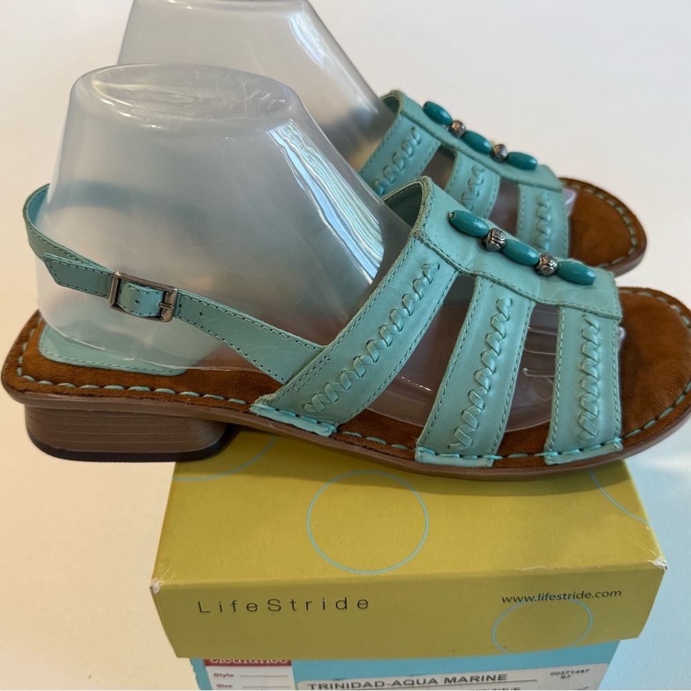 Life Stride Trinidad Aqua Marine Beaded Wedge Leather Sandals Womens Size 9 - Picture 4 of 8
